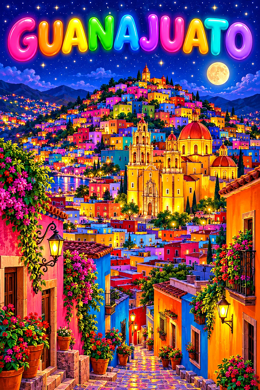 Portrait diamond painting of a vibrant Mexican city hillside at night with rainbow houses, a yellow basilica, glowing windows, city lights, and a star