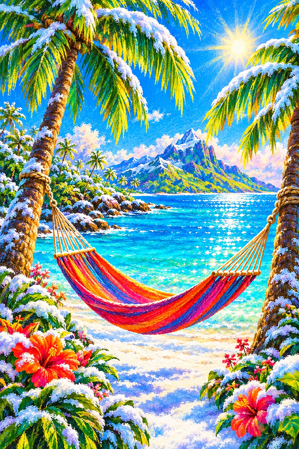 Portrait diamond painting of a vibrant tropical island with a hammock between two palm trees on a beach, under a bright sky.