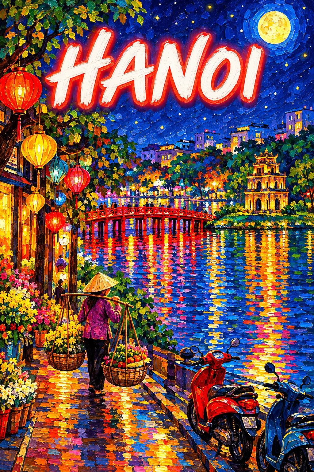 Portrait diamond painting of a bustling Hanoi street scene at night with a lake, red bridge, silk lanterns, scooters, glowing windows, and starry sky.