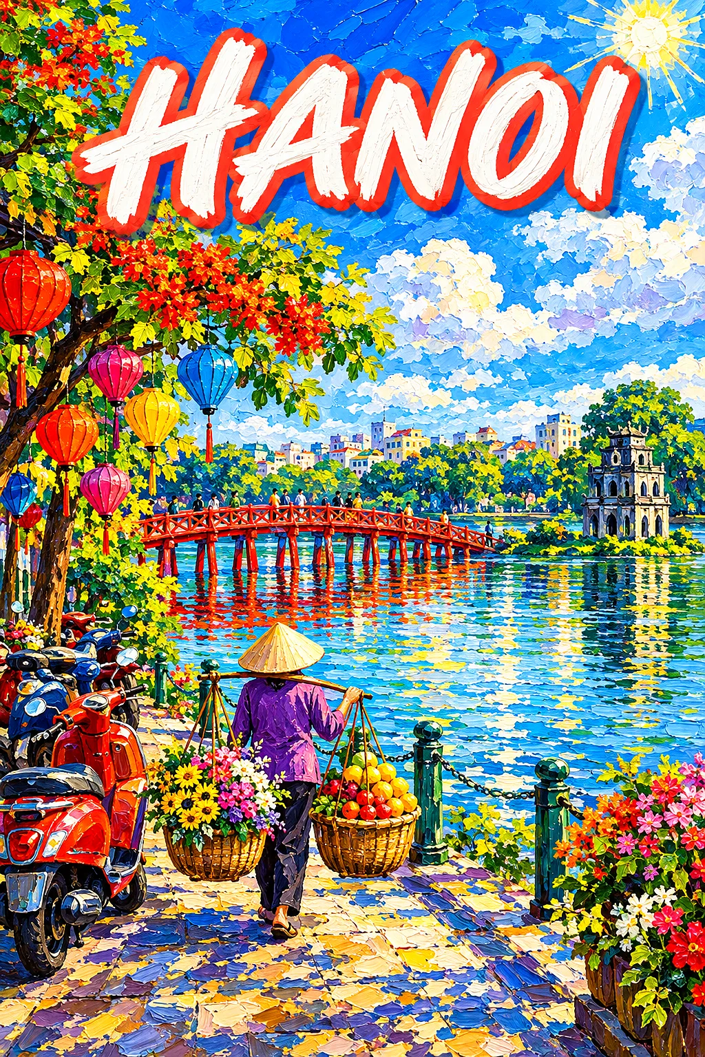 Portrait diamond painting kit of a bright, sunny cityscape in Vietnam with a red wooden bridge over a lake, silk lanterns, scooters, and a street vend