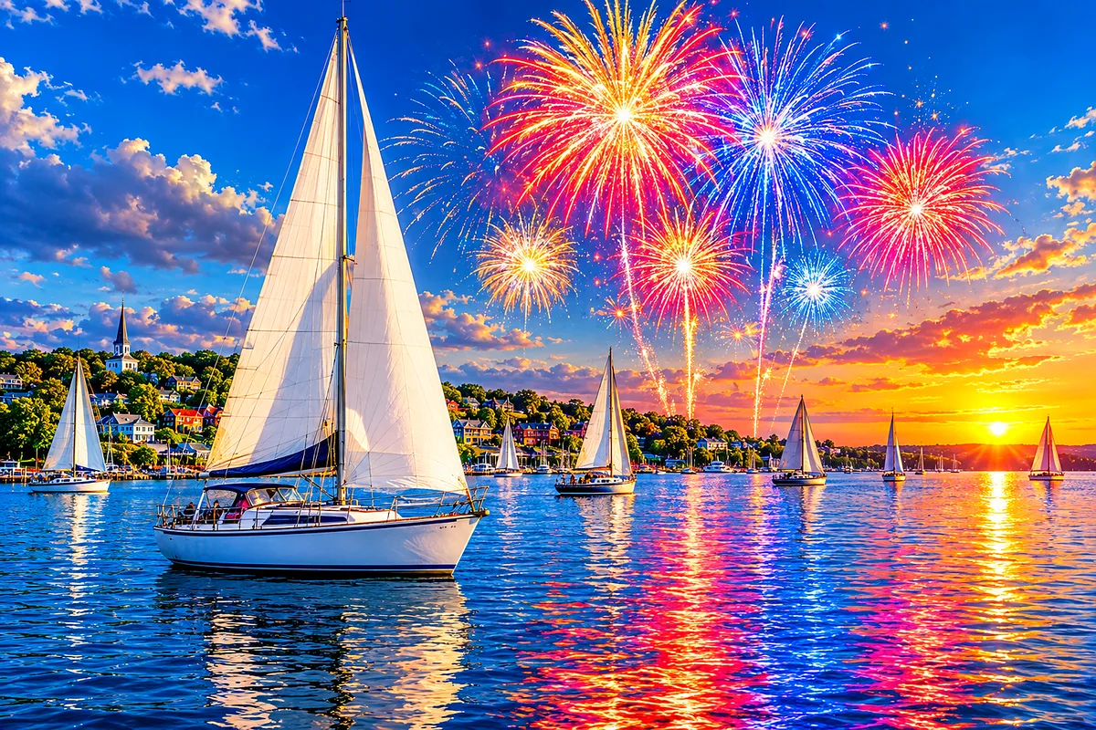 Hyper-realistic diamond painting of colorful fireworks exploding over a harbor filled with sailboats on a bright sunny summer day, with crisp focus an