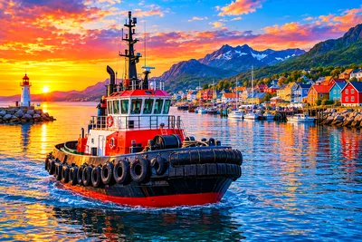 Hyper-detailed photorealistic painting of a cheerful tugboat with a blue hull and red accents, docked in a colorful harbor with various boats and buil