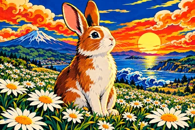 Diamond painting kit featuring a bunny in a field of white daisies in traditional Japanese woodblock print style with dramatic rim lighting.