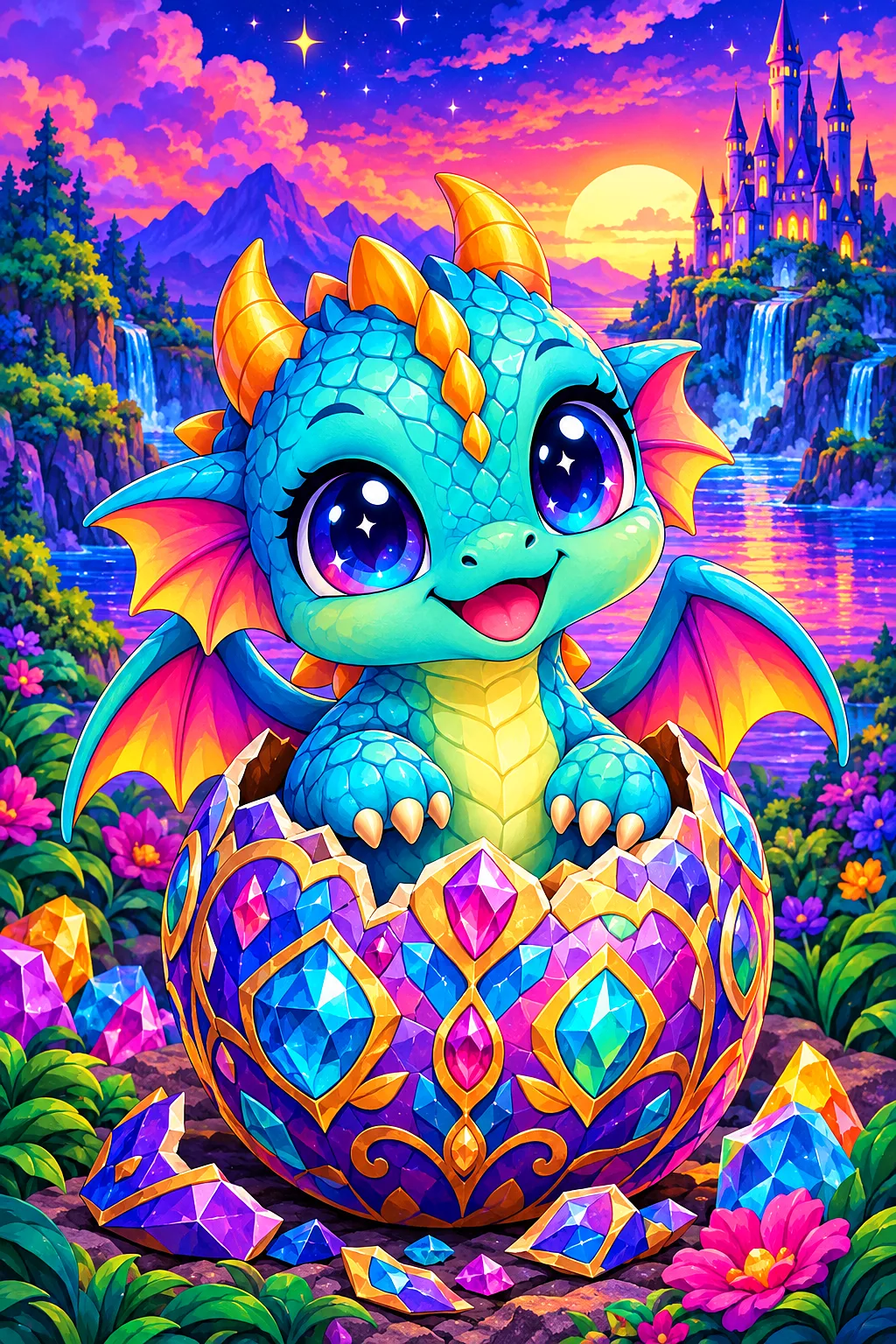 An adorable, kawaii-style baby dragon with big, sparkling eyes and rounded, candy-colored scales, hatching from a jeweled egg at twilight under a jewe