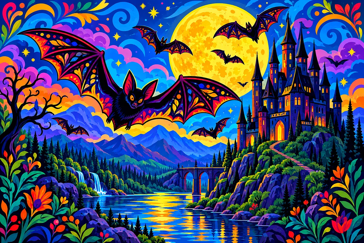 A completed diamond painting kit showing a brightly colored folk art illustration of a haunted castle at night with patterned bats flying over it in a