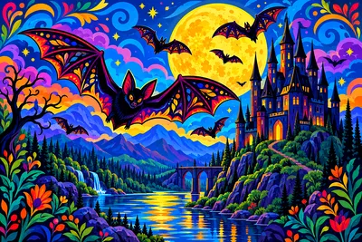A completed diamond painting kit showing a brightly colored folk art illustration of a haunted castle at night with patterned bats flying over it in a