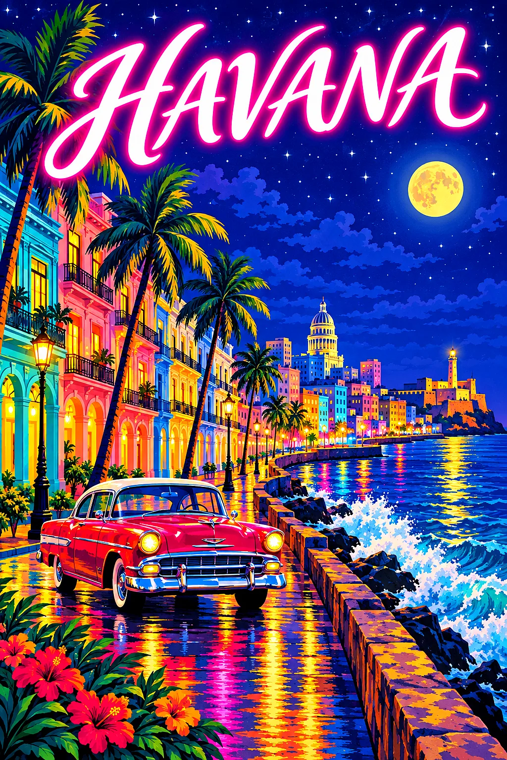 Portrait diamond painting of a retro-vintage illustration of a Havana street at night with a classic car, palm trees, and colonial buildings under a s