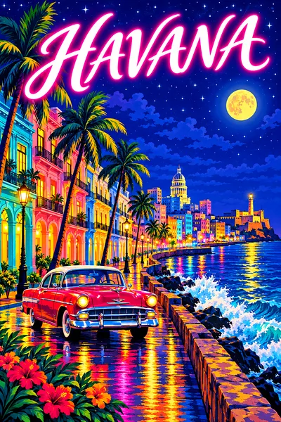 Portrait diamond painting of a retro-vintage illustration of a Havana street at night with a classic car, palm trees, and colonial buildings under a s