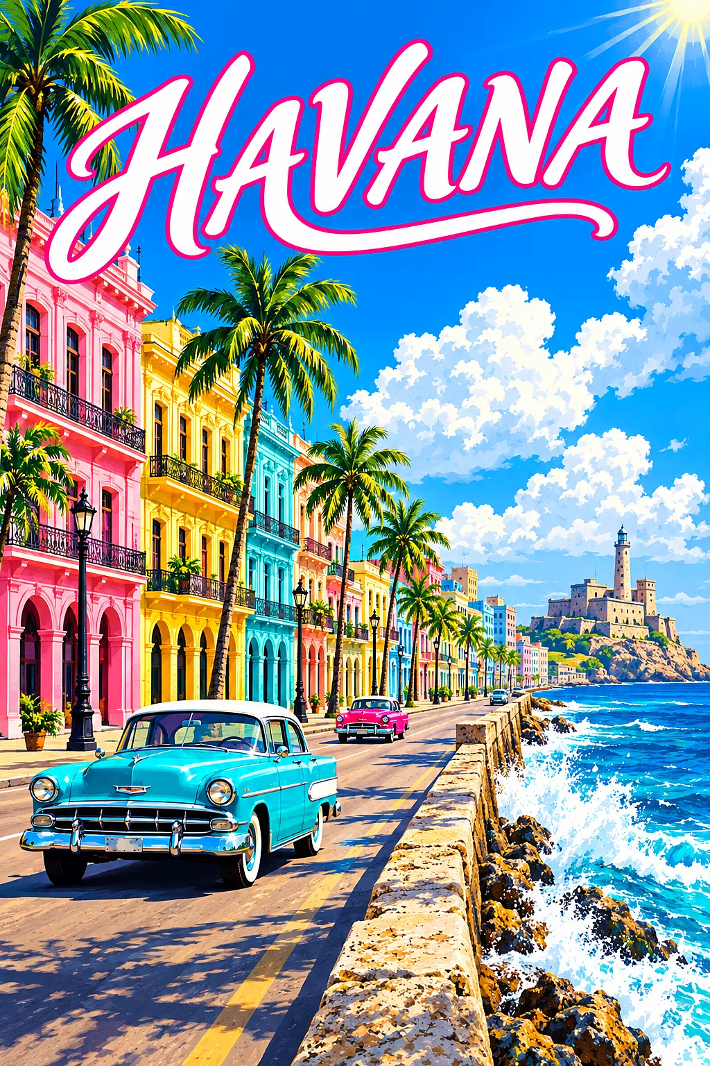Portrait diamond painting of a retro travel poster illustration featuring pastel colonial buildings, a vintage car, palm trees, and crashing waves und
