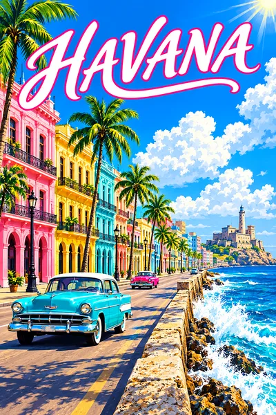Portrait diamond painting of a retro travel poster illustration featuring pastel colonial buildings, a vintage car, palm trees, and crashing waves und