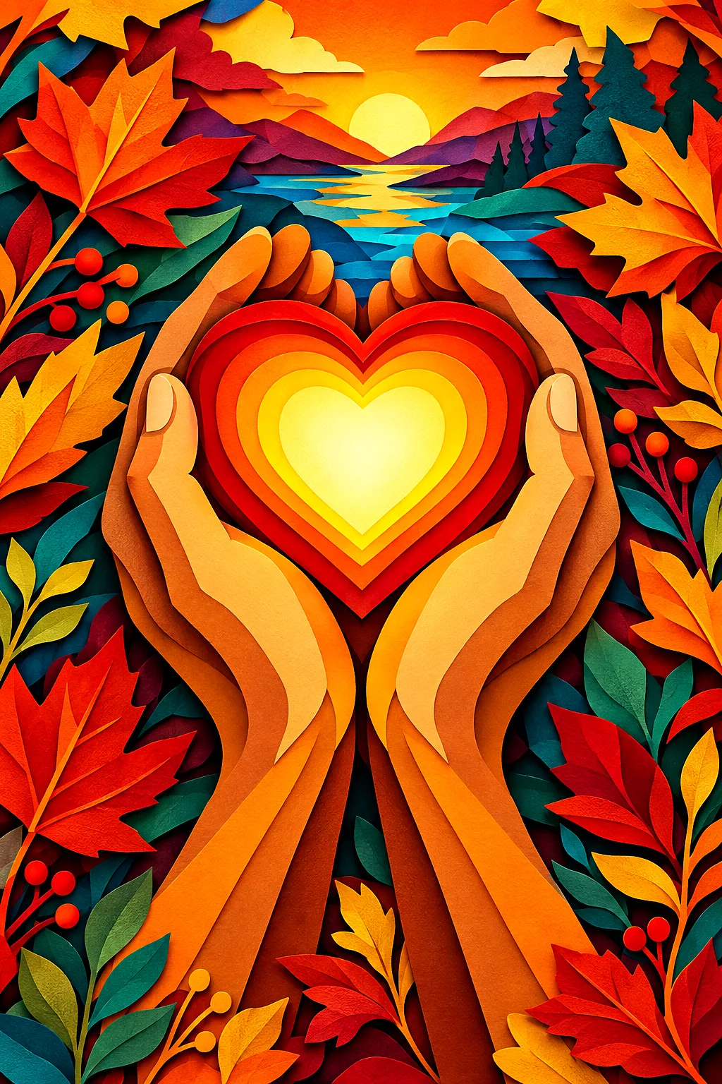 Close-up of a diamond painting kit showing hands gently cupping a vibrant, glowing heart, rendered in a layered papercut art style with deep shadows a