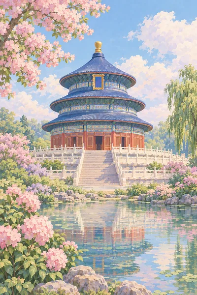 Pastel diamond painting kit showing a round blue-roofed temple with a tiered base, set against a soft, dreamy sky in powder pink, sage green, lavender