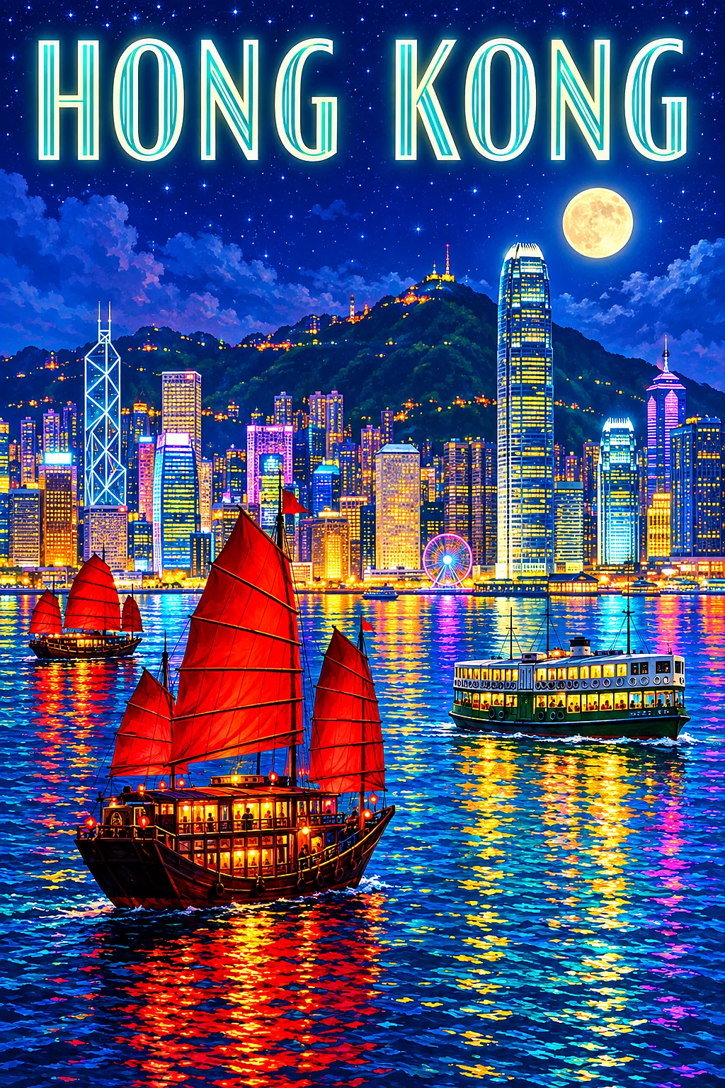 Portrait diamond painting of a harbor city at night with red-sailed boats, a mountain skyline, glowing windows, and a ferry under a starry sky.