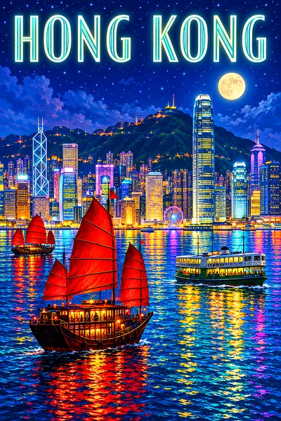 Portrait diamond painting of a harbor city at night with red-sailed boats, a mountain skyline, glowing windows, and a ferry under a starry sky.