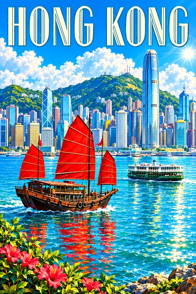 Portrait diamond painting of a sunny Hong Kong harbor with red-sailed junks, a ferry, and a dense mountain-backed skyline under a blue sky.