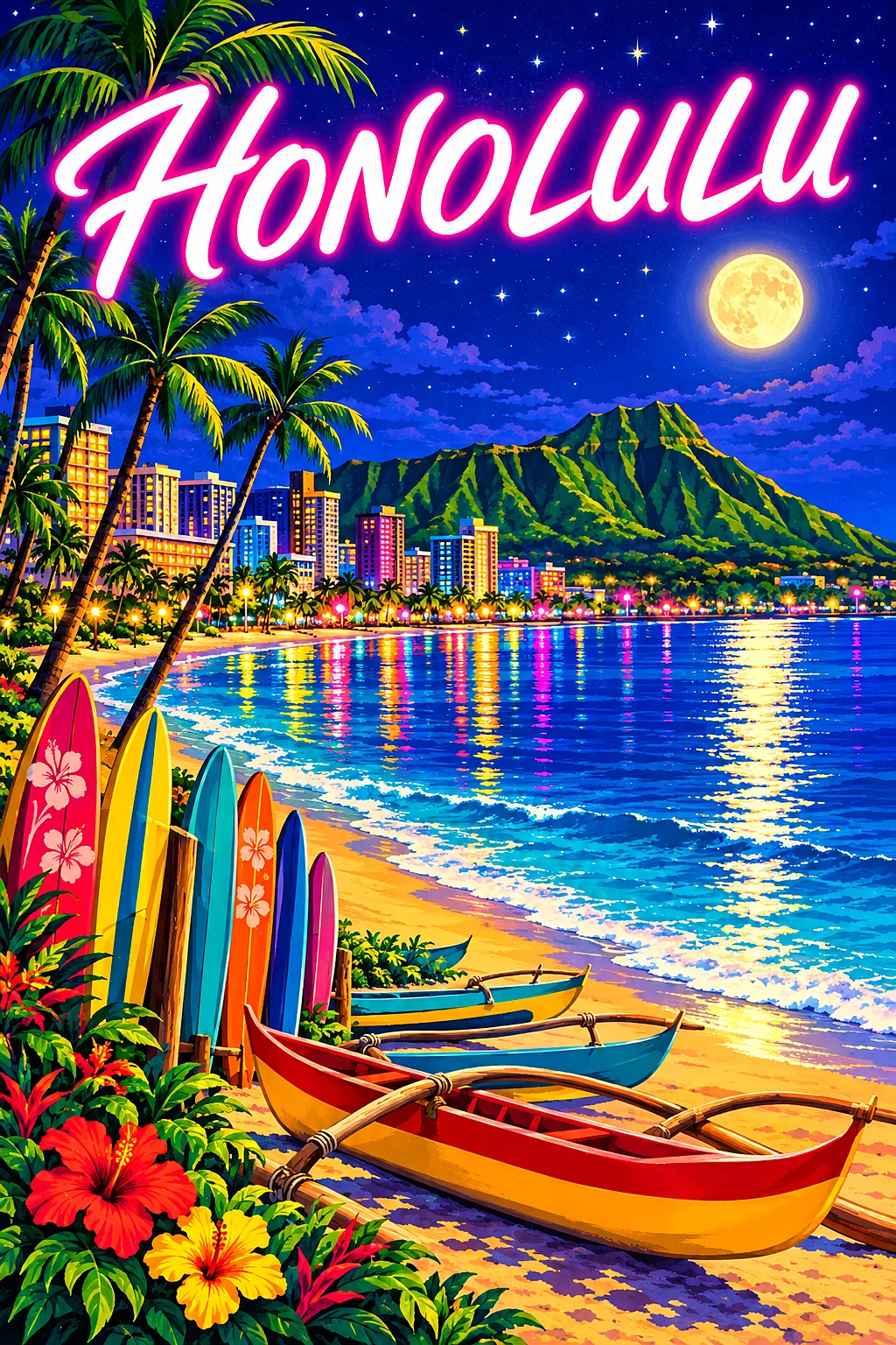Retro vintage illustration of Honolulu by night with a crescent beach, surfboards, outrigger canoes, a volcanic crater, palm trees, starry sky, glowin