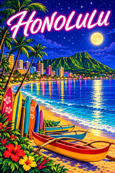Retro vintage illustration of Honolulu by night with a crescent beach, surfboards, outrigger canoes, a volcanic crater, palm trees, starry sky, glowin