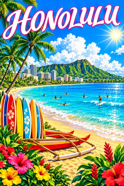 Portrait orientation diamond painting kit with a retro illustration of a Hawaiian beach, surfboards, outrigger canoes, a green volcanic crater, palm t