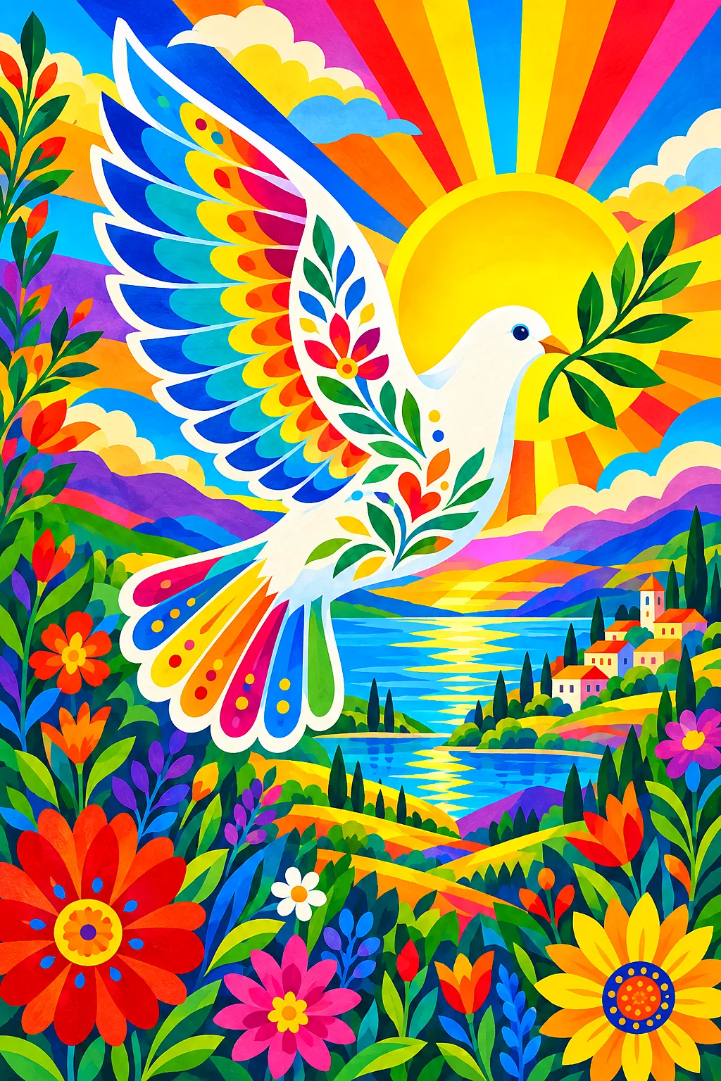 Portrait diamond painting of a bright folk art dove with an olive branch, flying against a rainbow-colored patterned sunrise.