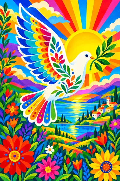 Portrait diamond painting of a bright folk art dove with an olive branch, flying against a rainbow-colored patterned sunrise.