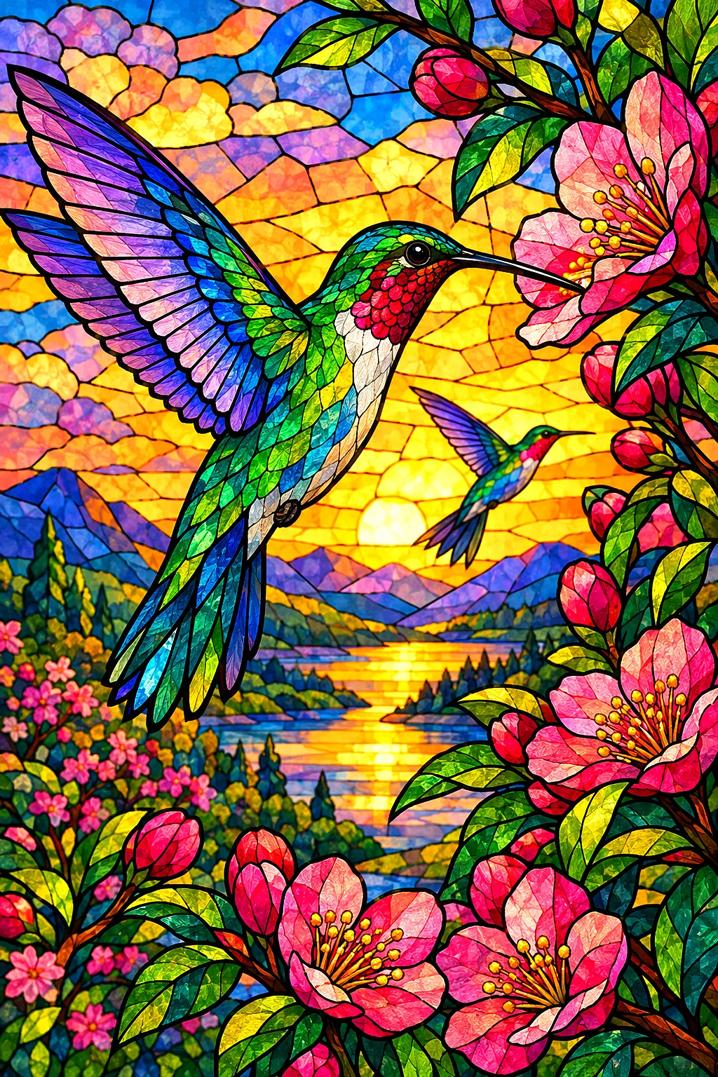 Portrait diamond painting of jewel-toned stained glass mosaic hummingbirds and spring blossoms glowing in warm golden hour light.