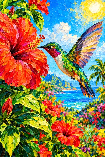 Close-up portrait view of a hummingbird with iridescent green feathers hovering near a large, bright red hibiscus flower, with a blurred background su