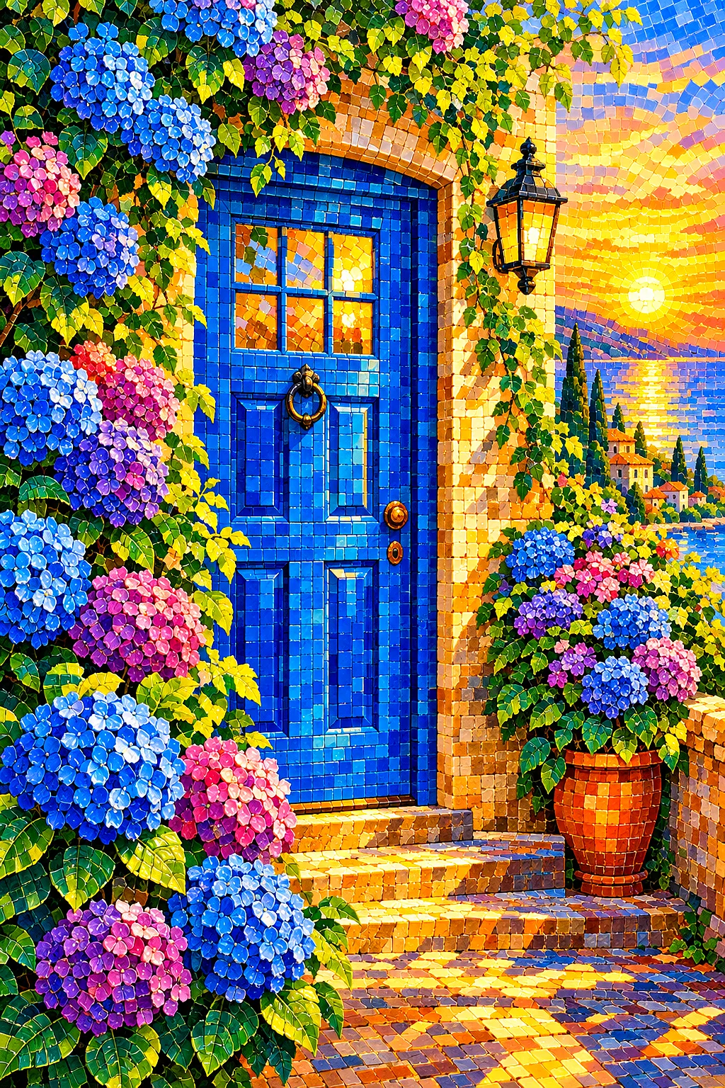 Portrait view of a glossy ceramic mosaic style diamond painting featuring a blue front door surrounded by vibrant pink and blue hydrangeas, bathed in