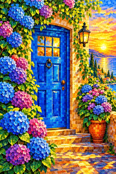 Portrait view of a glossy ceramic mosaic style diamond painting featuring a blue front door surrounded by vibrant pink and blue hydrangeas, bathed in