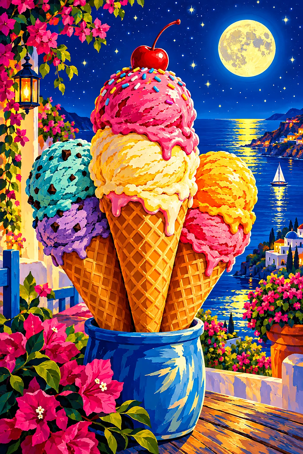 Ice cream cones in summer colors glowing under moonlight and stars, retro vintage travel poster illustration