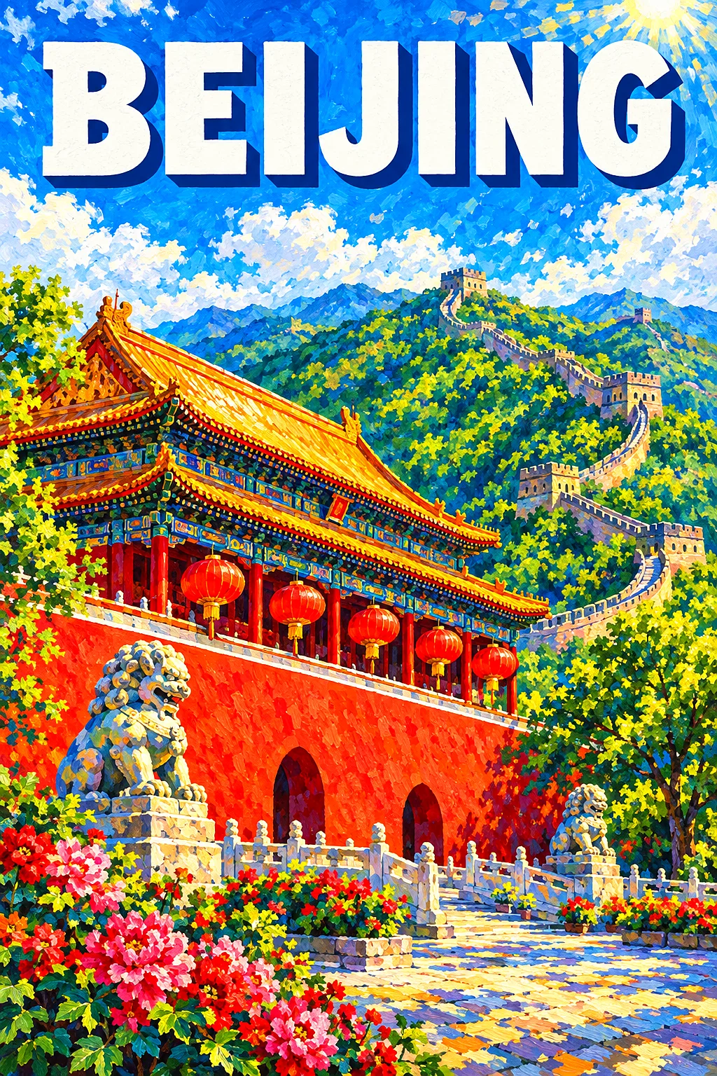 Impressionist diamond painting depicting a vermilion palace gate with golden roofs, red lanterns, and the Great Wall winding over green hills under a