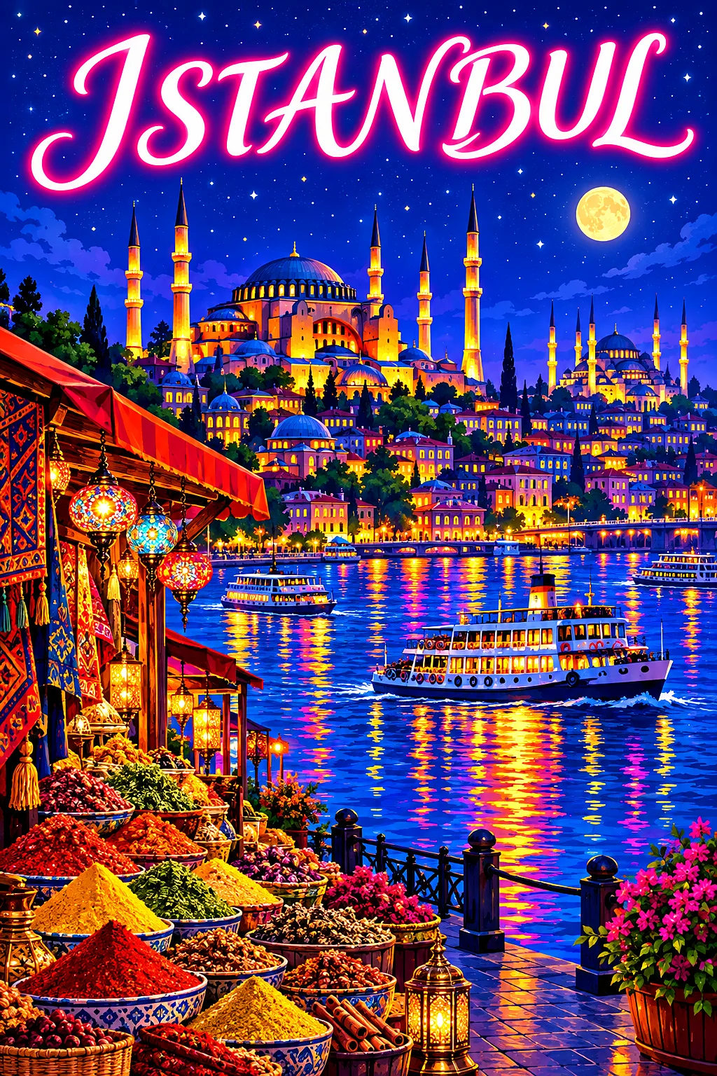 Retro vintage illustration diamond painting of Istanbul at night with domes, minarets, ferries, a spice stall, glowing windows, and city lights under