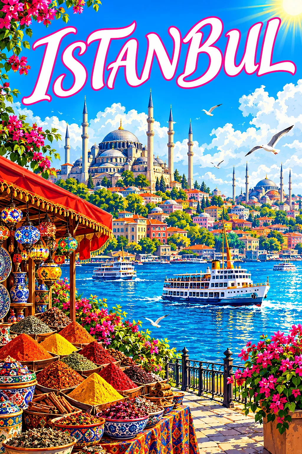 Portrait diamond painting of a sunny Istanbul skyline with domes, minarets, ferries on a strait, and a spice bazaar stall, in retro vintage travel pos
