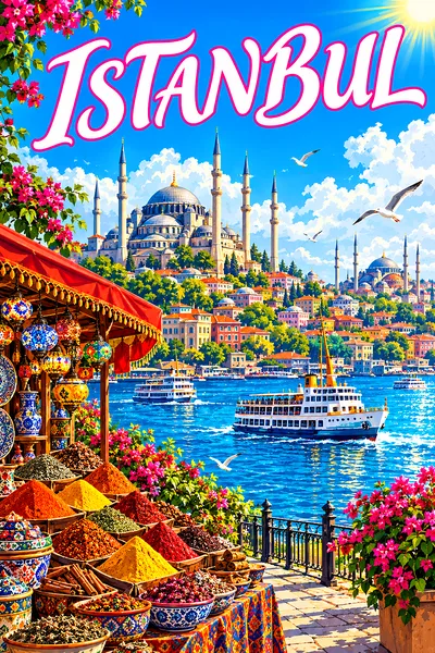 Portrait diamond painting of a sunny Istanbul skyline with domes, minarets, ferries on a strait, and a spice bazaar stall, in retro vintage travel pos