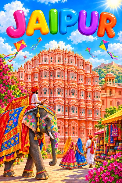 Portrait diamond painting kit featuring a pink sandstone palace with latticed windows, an elephant, turbans, and colorful kites under a bright blue sk
