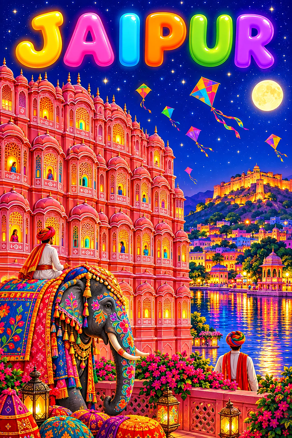 Portrait diamond painting of a pink palace with glowing windows, an elephant, turbans, kites, under a starry indigo night sky with a full moon and col