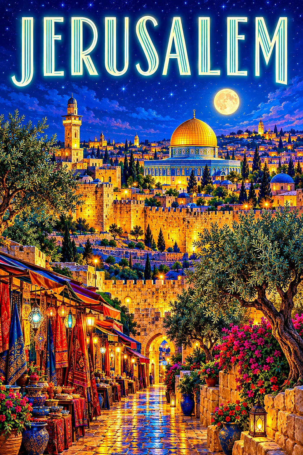 A portrait diamond painting depicting the city of Jerusalem at night, with glowing golden stone buildings, a golden dome, olive trees, a market lane w