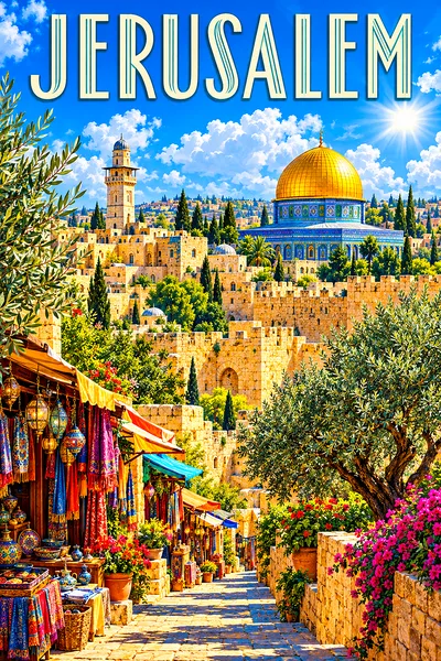 Portrait diamond painting of Jerusalem's old city with golden dome, stone walls, olive trees, and market under a bright blue sky with white clouds.