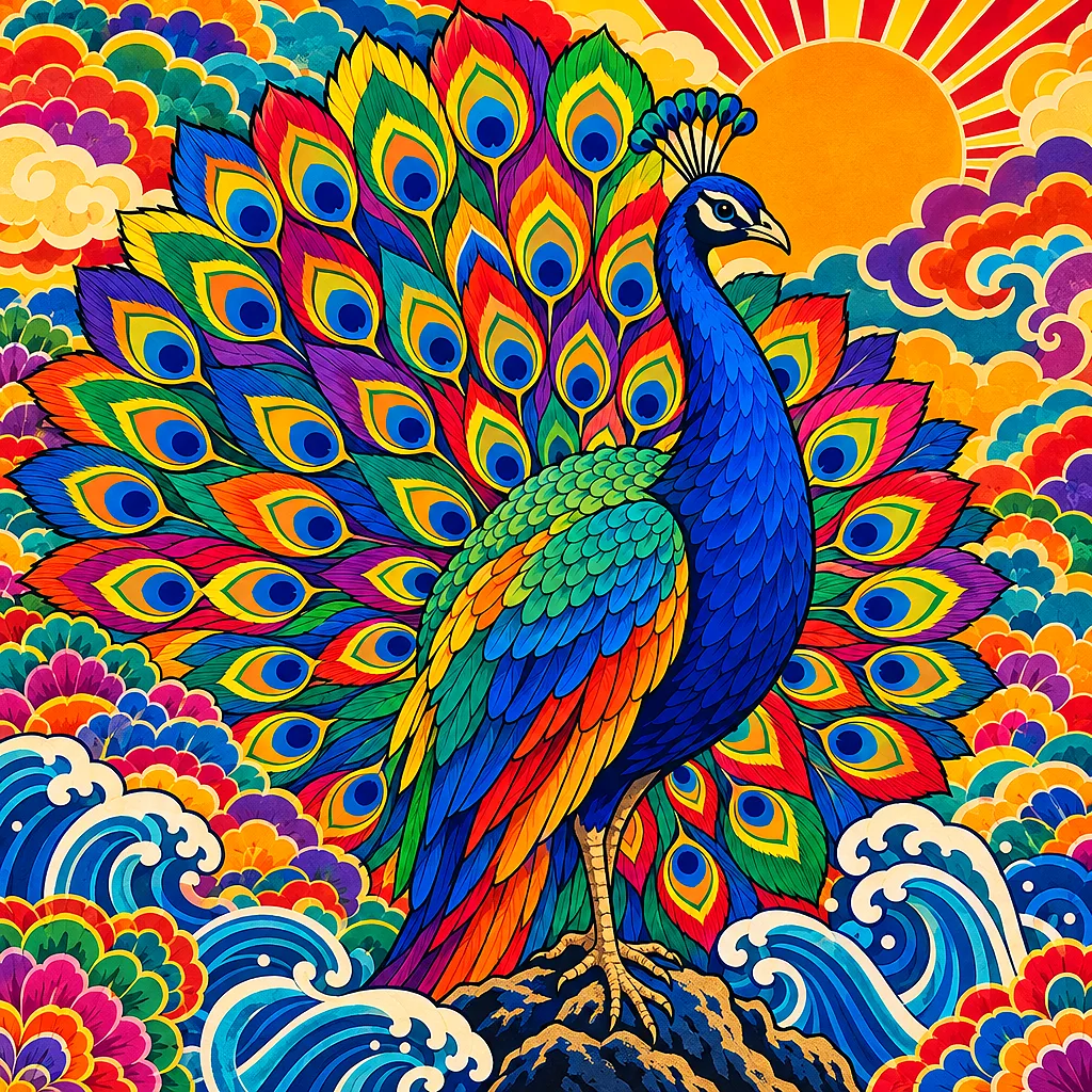 A square diamond painting of a feather mandala in traditional Japanese woodblock print style, featuring bold outlines, flat jewel-toned colors, and st