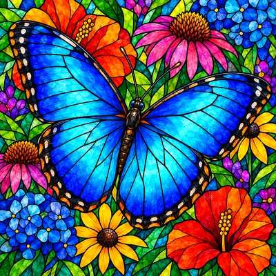 Close-up of a blue morpho butterfly in a jewel-toned stained glass mosaic style, surrounded by colorful flowers on a square canvas.