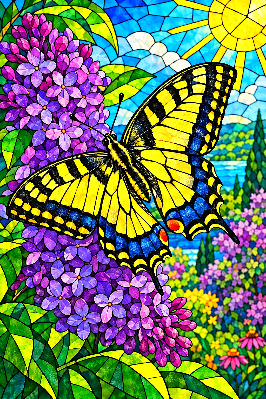 Close-up, jewel-toned stained-glass style diamond painting of a yellow and black swallowtail butterfly with blue and red markings, perched on purple l