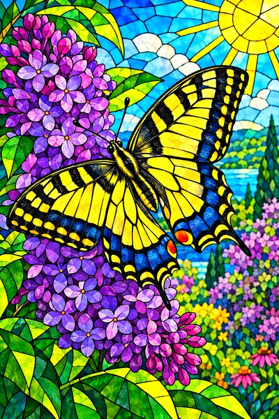 Close-up, jewel-toned stained-glass style diamond painting of a yellow and black swallowtail butterfly with blue and red markings, perched on purple l