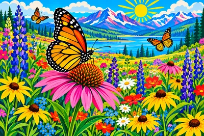Bright folk art diamond painting depicting a wide landscape meadow filled with colorful wildflowers and decorative butterflies flying amongst them.