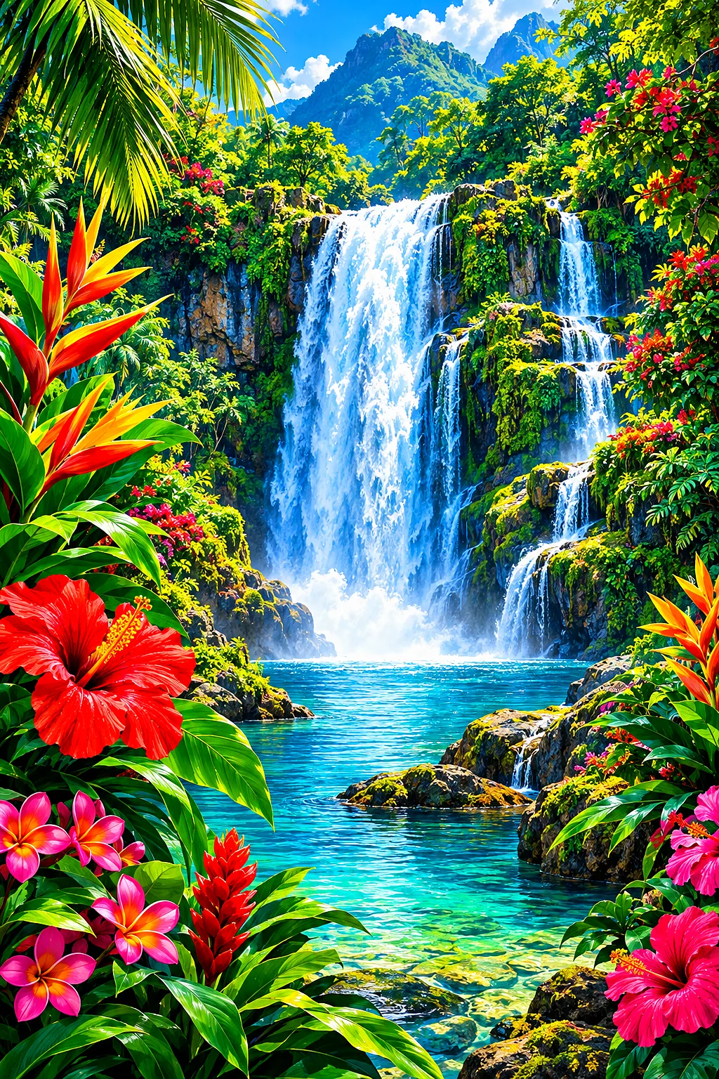 Portrait diamond painting of a luminous, saturated tropical waterfall in a jungle, surrounded by colorful flowers with cinematic lighting.