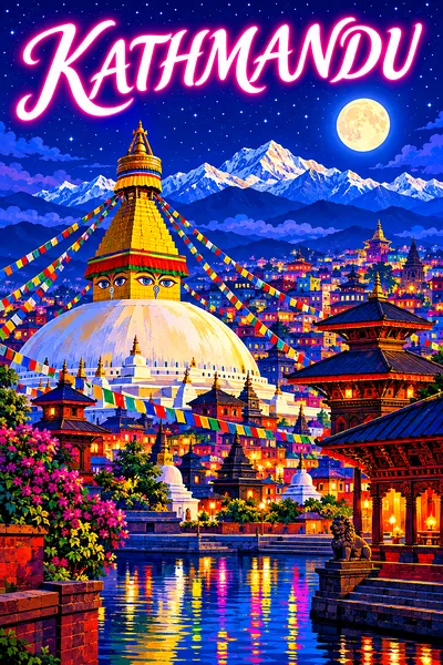 Retro vintage illustration of Kathmandu at night, with a stupa, temples, prayer flags, Himalaya, glowing moon and stars.