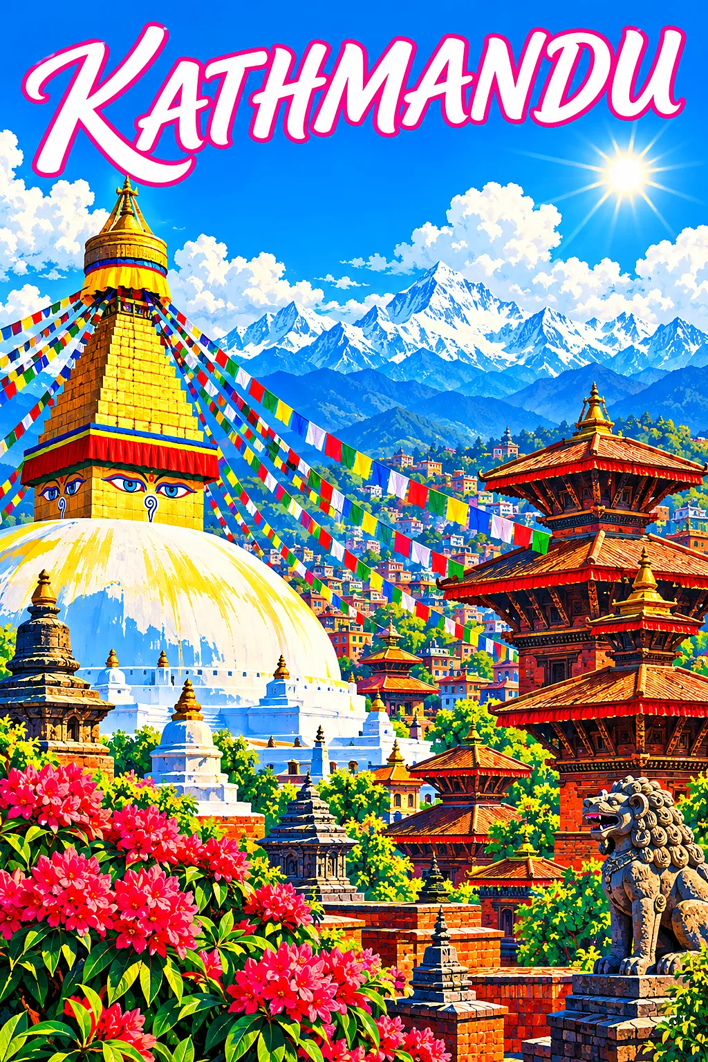 Retro vintage illustration style diamond painting of a Kathmandu stupa with eyes, prayer flags, temples, and snow-capped Himalayas under a bright blue