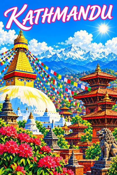 Retro vintage illustration style diamond painting of a Kathmandu stupa with eyes, prayer flags, temples, and snow-capped Himalayas under a bright blue