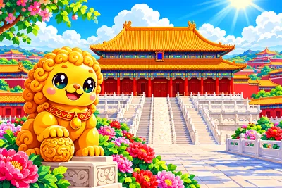 Kawaii style cartoon illustration of the Forbidden City with red halls, golden roofs, big sparkling eyes, rounded shapes, and candy colors under a bri