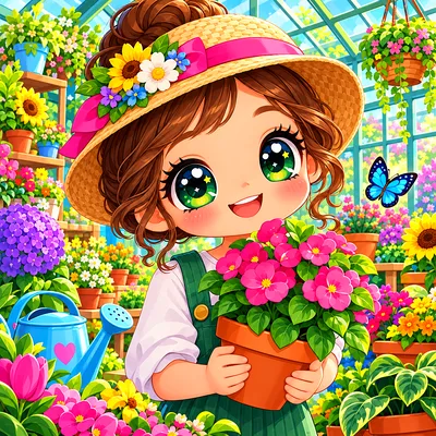 Close-up square diamond painting of an adorable kawaii cartoon greenhouse full of colorful flowers and plants with big sparkling eyes, rounded shapes