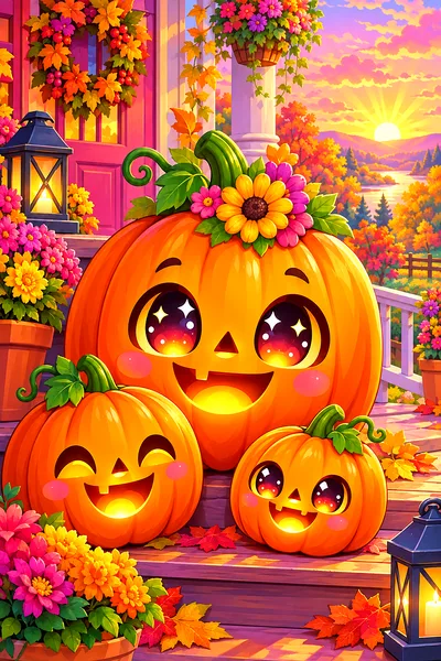 A portrait-oriented diamond painting kit design featuring several adorable kawaii style jack-o-lanterns with big sparkling eyes on a porch, glowing wi