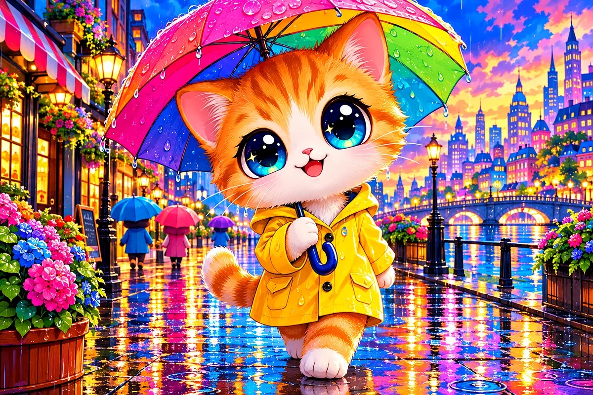 A completed landscape diamond painting kit featuring an adorable kawaii cartoon illustration of a rainy city street at night, with dramatic rim lighti